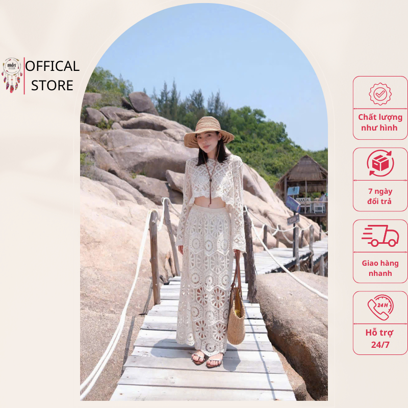 Sét móc len dạo biển gồm áo dài tay và chân váy Mót boho