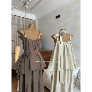 Set Bộ Đồ 2 Dây Đính Ngọc Kèm Hoa Thắt Eo Điệu Đà, Set Áo Hai Dây Mix Chân Váy Dáng Xoè Dài