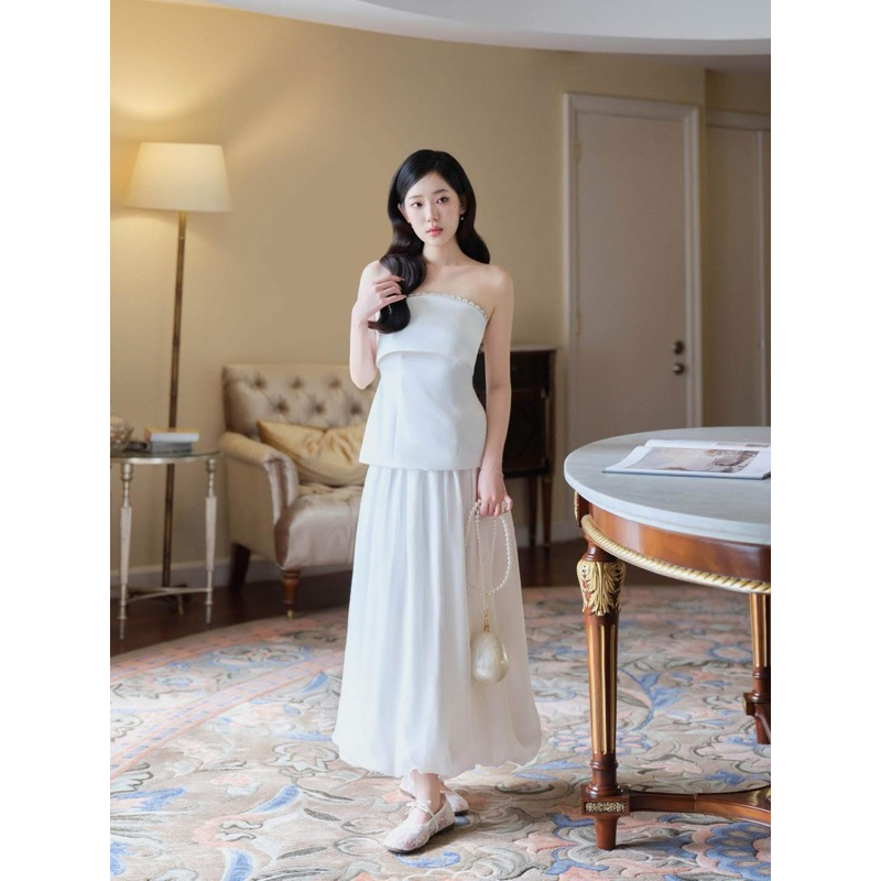 Mimosa Top / Laurel skirt - Áo cúp ngực Phối viền Kèm chân váy Dài suông trắng Sang chảnh - QuynhTra