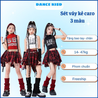 Set váy bí cho bé gái kẻ caro đồ nhảy biểu diễn cho bé gái phong cách hiphop y2k tặng kèm phụ kiện