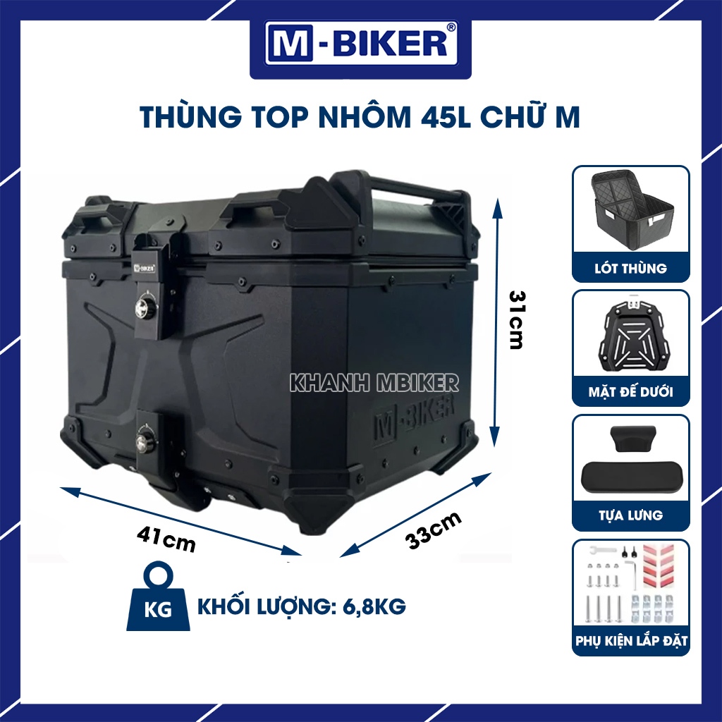 Thùng nhôm 45L chữ M cao cấp, thùng nhôm xe máy 22l 28l 36l 55L thùng gắn xe máy đựng mũ bảo hiểm