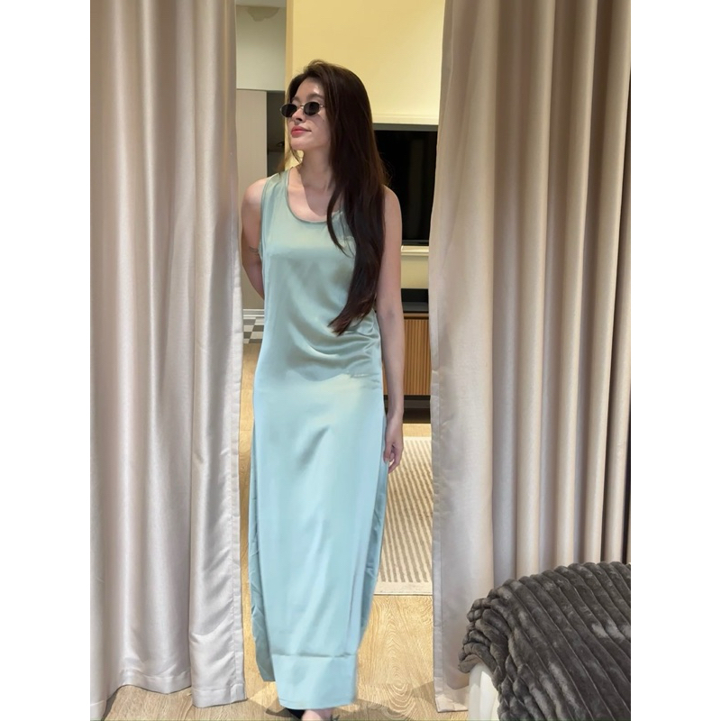 ✿Diana silk dress✿ Váy lụa dáng dài cổ tròn thanh lịch màu trắng/xanh ngọc PAAES [ ảnh tự chụp]