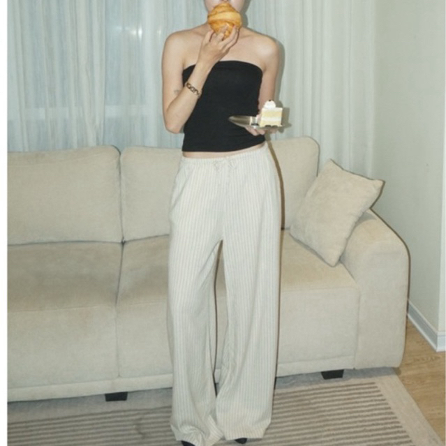 ✿Kẻ pants✿ Quần linen kẻ ống rộng dáng suông dài phủ hết chân màu be PAAES [ ảnh thật]
