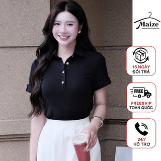 Áo polo cổ sen xắn tay nữ maize, cúc họa tiết hoa sang chảnh chất cotton mềm mịn thoáng mát TS007