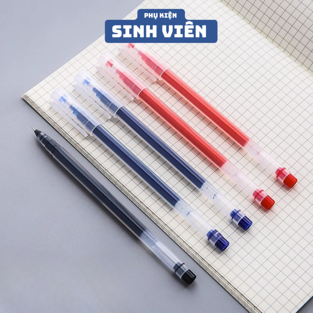 COMBO Bút Gel Mực Nước Vỏ Trong Suốt Ngòi 0.5mm Xanh Đỏ Đen Nhanh Khô Đều Mực Đậm ( BMGVT )