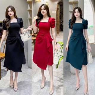 Bigsize, Đầm Nữ Cổ Vuông Tay Nhún Xếp Ly Eo Chéo Tà Thanh Lịch 3 Màu