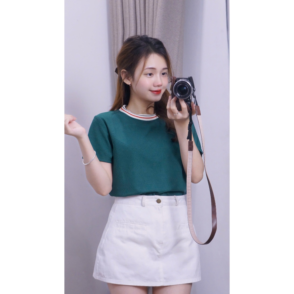 Áo cổ tròn trơn phối viền kẻ dễ mặc .thích hợp đi chơi ,picnic ,dạo phố ,chất vải tổ ong mịn ,from vừa(M15) | BigBuy360 - bigbuy360.vn