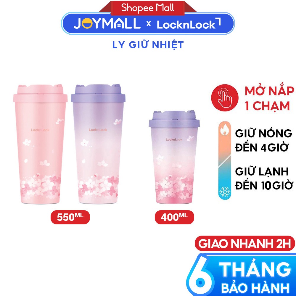 Ly giữ nhiệt LocknLock 550ml LHC3249 Hoa anh đào, Hàng chính hãng mở nắp 1 chạm, inox 316l - JoyMall