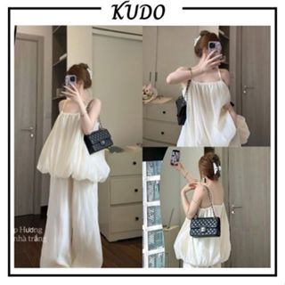 Set áo hai dây freesize dáng bí phồng màu trắng voan tơ phối quần suông ống rộng hack dáng đi biển hot mùa hè KUDOSHOP