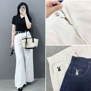Quần kaki bigsize nữ dáng xuông phom rộng lưng cao họa tiết thêu thỏ xinh basic dễ mặc - Q550