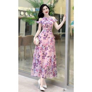 Đầm voan hoa cổ yếm dáng dài thời trang nữ sang trọng bèo ngực có mút dáng váy chữ A dài maxi trẻ trung