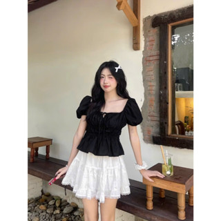 Áo babydoll linen kiểu xinh tay phồng tiểu thư công chúa Bo Thân Nơ Coquette Ngực Xinh Xắn Cute