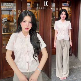 DELIZ - Áo len màu hè ngắn tay lông thỏ vặn thừng phối cúc đồng dáng áo khoác mềm cổ bẻ hàng PL36