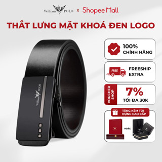 Thắt lưng nam da bò cao cấp Williampolo mặt đen bạc khóa tự động, họa tiết nổi sang trọng