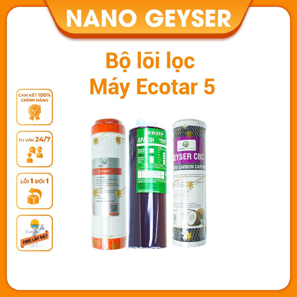 Bộ 3 lõi lọc nước 123 Nano Geyser dùng cho máy Eco Max, Geyser 5, lõi Ecosoft, Aragon, CBC