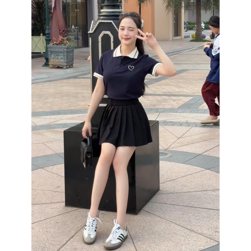 Áo polo nữ thêu tim cổ dệt kim - cotton tổ ong - polo phối viền kẻ sang trọng - basicc - đủ size tới 85kg (  M10 )