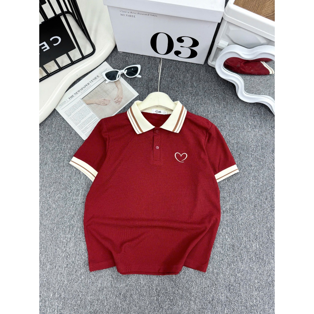 Áo polo nữ thêu tim cổ dệt kim - cotton tổ ong - polo phối viền kẻ sang trọng - basicc - đủ size tới 85kg (  M10 ) | BigBuy360 - bigbuy360.vn