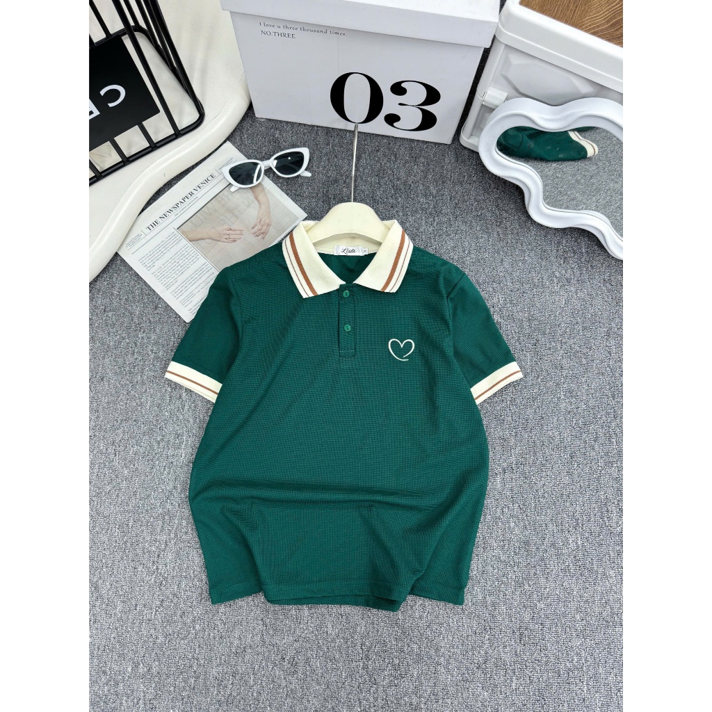 Áo polo nữ thêu tim cổ dệt kim - cotton tổ ong - polo phối viền kẻ sang trọng - basicc - đủ size tới 85kg (  M10 ) | BigBuy360 - bigbuy360.vn