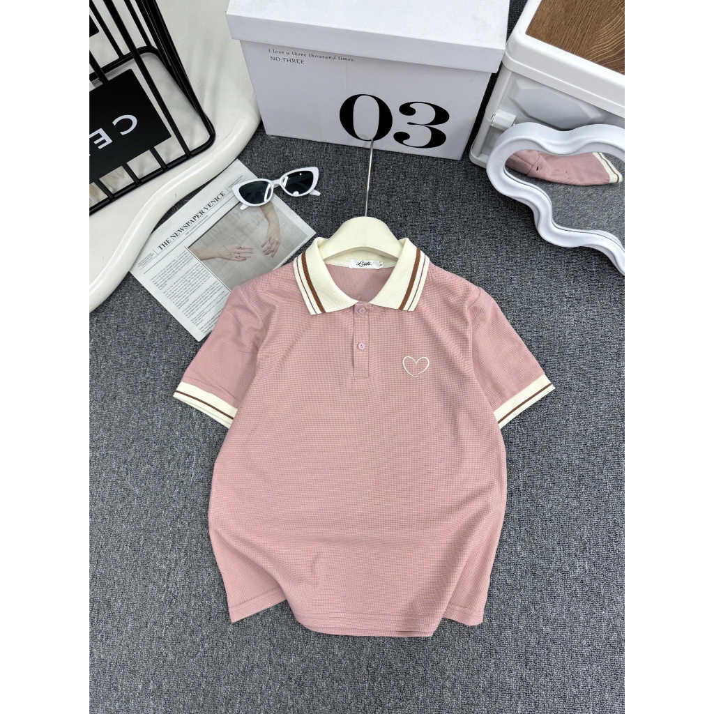 Áo polo nữ thêu tim cổ dệt kim - cotton tổ ong - polo phối viền kẻ sang trọng - basicc - đủ size tới 85kg (  M10 ) | BigBuy360 - bigbuy360.vn