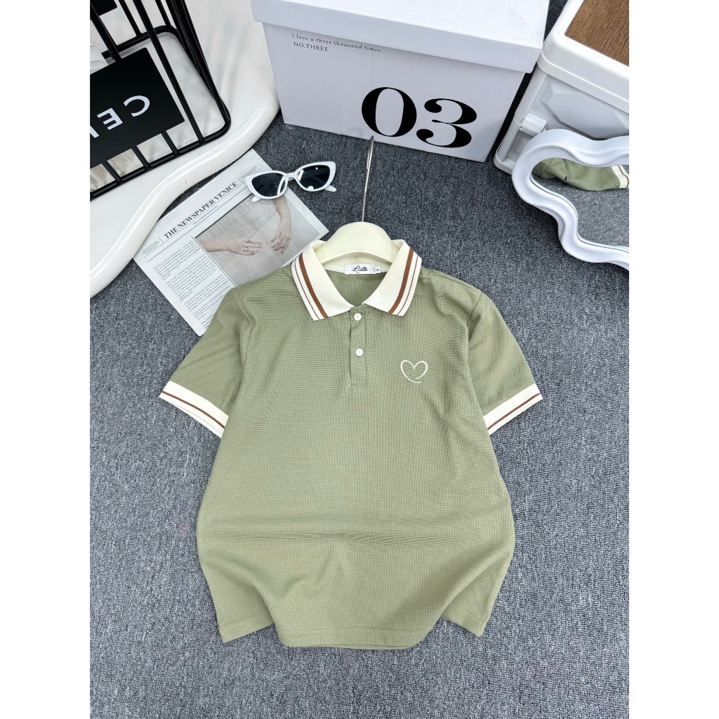 Áo polo nữ thêu tim cổ dệt kim - cotton tổ ong - polo phối viền kẻ sang trọng - basicc - đủ size tới 85kg (  M10 ) | BigBuy360 - bigbuy360.vn