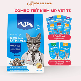   COMBO TIẾT KIỆM  1KG Hạt MR VET T3 Hỗ Trợ Tiết Niệu + 6 Gói Pate Mr Vet Và 8 Thanh Súp Thưởng Cho Mèo 
