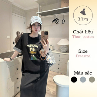 Váy bầu dáng suông TIRA MAMA M26 Váy thun bầu dáng dài Váy tay lỡ Váy cotton mặc hè in hình vịt