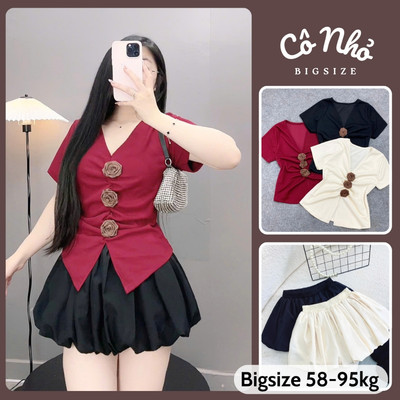 Set Áo Váy Bigsize Nữ Áo Thun Cổ V Tay Ngắn Đính Nơ Tiểu Thư Kèm Chân Váy Bí A275/ CV413