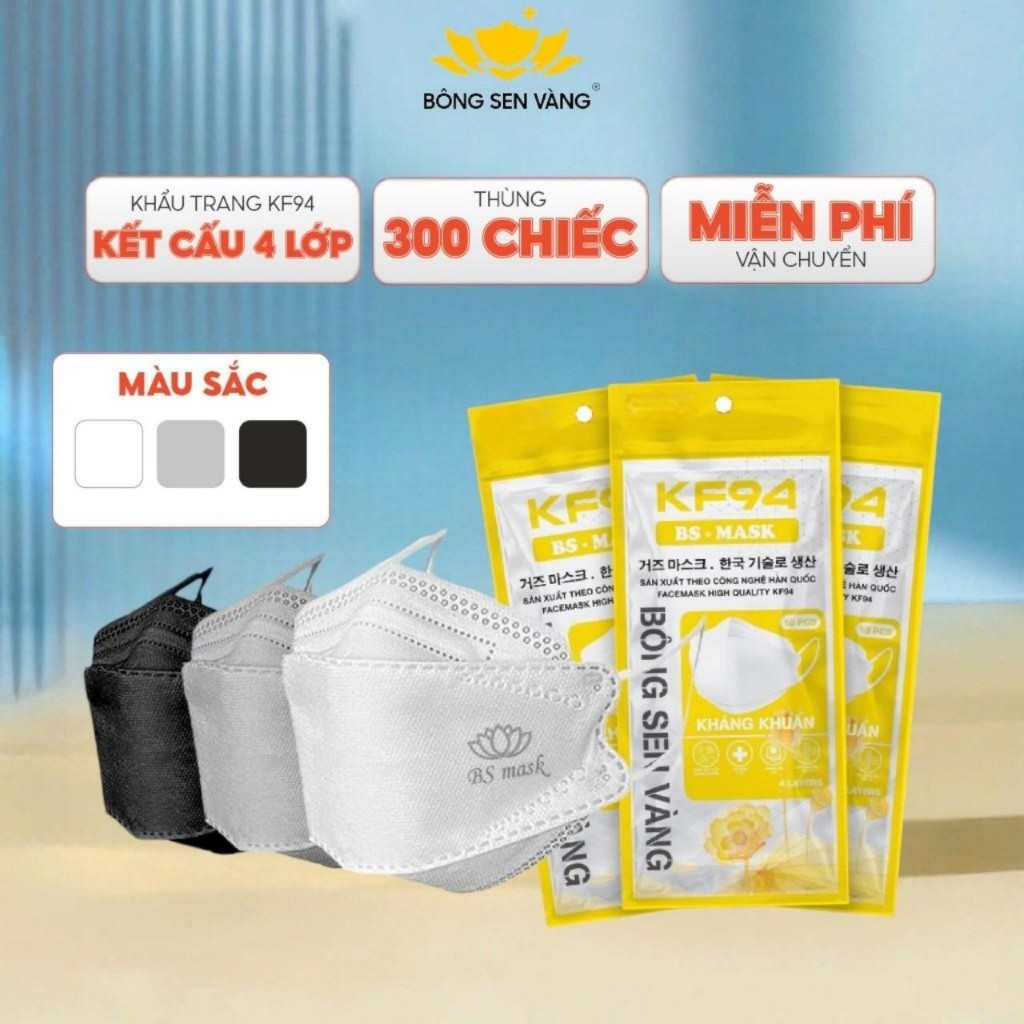 Khẩu Trang 4 Lớp 4D KF94, Thùng 300 cái chính hãng BÔNG SEN VÀNG có giấy kháng khuẩn,chống UV