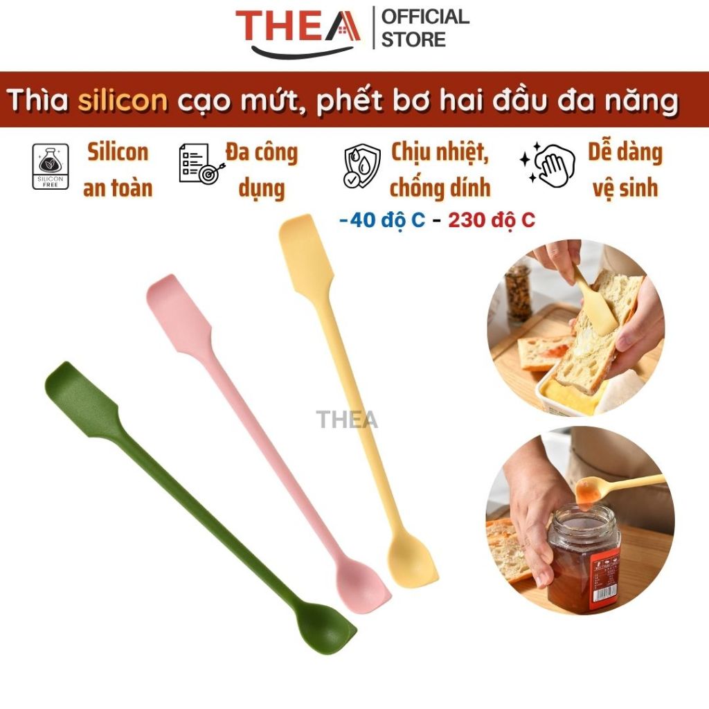 Phới silicone chịu nhiệt phết bơ, mứt, kem, trộn bột làm bánh 2 đầu, Thìa muỗng silicon chịu nhiệt - THEA