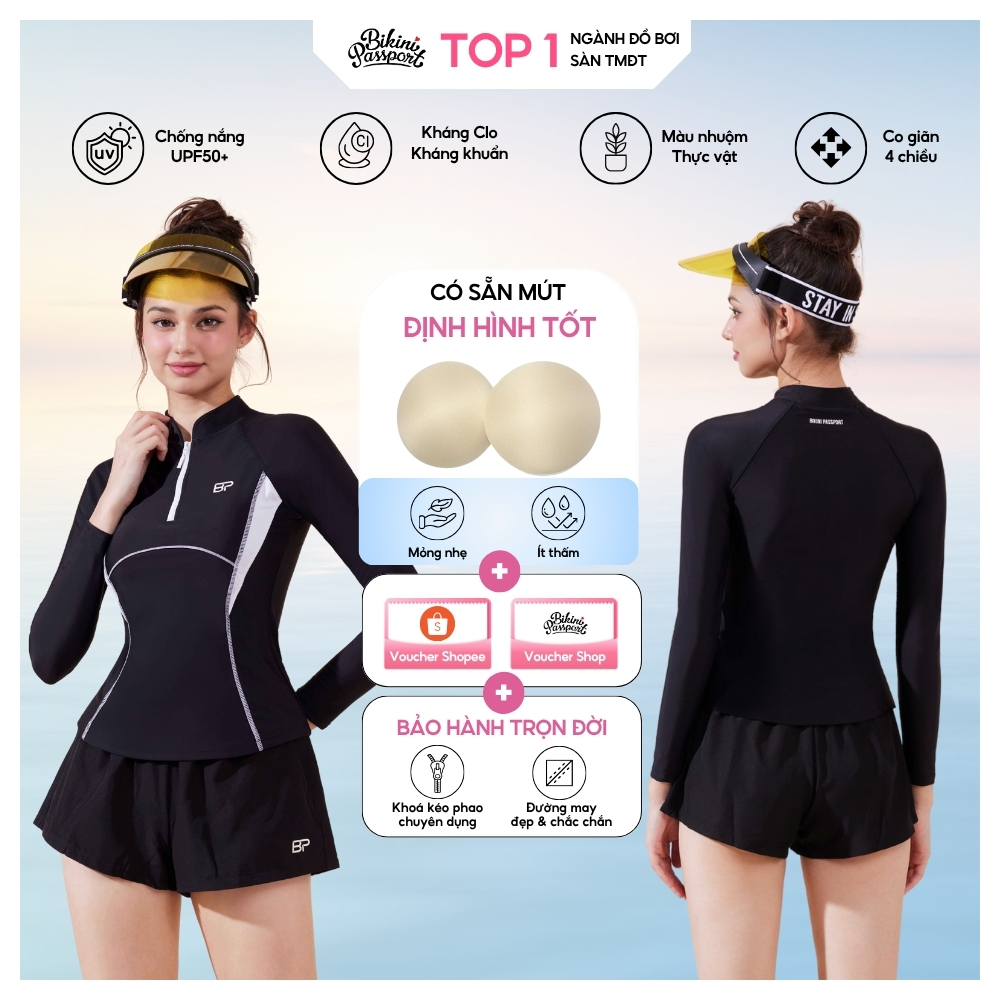 Áo bơi kín nữ tay dài bigsize chống UV đi biển - Bikini Passport - BS1038_BL