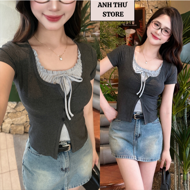 Áo Thun Nữ Cộc Tay Cổ Phối Viền Bèo Buộc Dây Thắt Nơ Chất Cotton Co Dãn Thoáng Mát, Áo Phối Viền Bèo 2 Lớp BigSize 428 | BigBuy360 - bigbuy360.vn