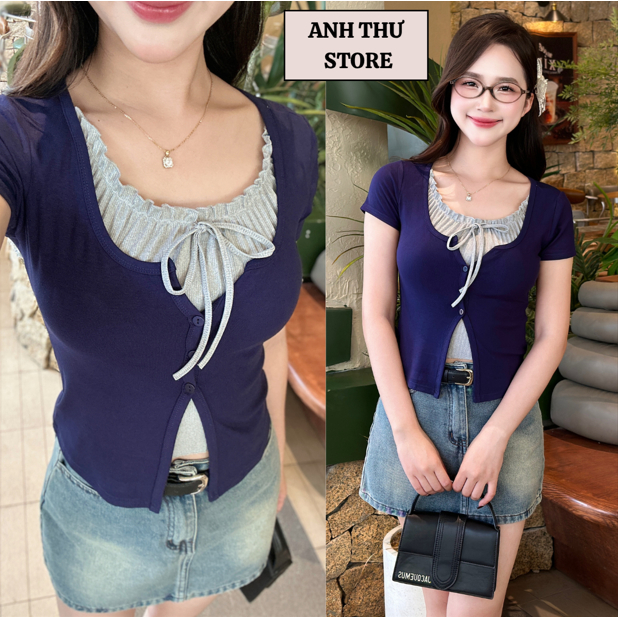 Áo Thun Nữ Cộc Tay Cổ Phối Viền Bèo Buộc Dây Thắt Nơ Chất Cotton Co Dãn Thoáng Mát, Áo Phối Viền Bèo 2 Lớp BigSize 428 | BigBuy360 - bigbuy360.vn