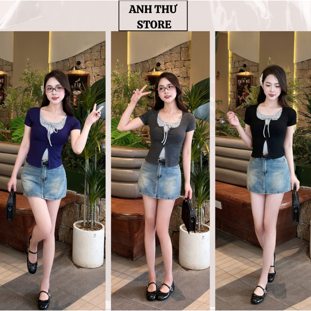 Áo Thun Nữ Cộc Tay Cổ Phối Viền Bèo Buộc Dây Thắt Nơ Chất Cotton Co Dãn Thoáng Mát, Áo Phối Viền Bèo 2 Lớp BigSize 428 | BigBuy360 - bigbuy360.vn