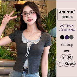 Áo Thun Nữ Cộc Tay Cổ Phối Viền Bèo Buộc Dây Thắt Nơ Chất Cotton Co Dãn Thoáng Mát, Áo Phối Viền Bèo 2 Lớp BigSize 428
