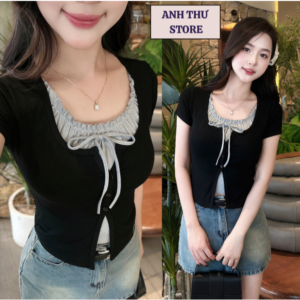 Áo Thun Nữ Cộc Tay Cổ Phối Viền Bèo Buộc Dây Thắt Nơ Chất Cotton Co Dãn Thoáng Mát, Áo Phối Viền Bèo 2 Lớp BigSize 428 | BigBuy360 - bigbuy360.vn