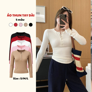 Áo thun nữ tay dài cổ trụ V khuy ngực ôm body TiQi Jeans A-169