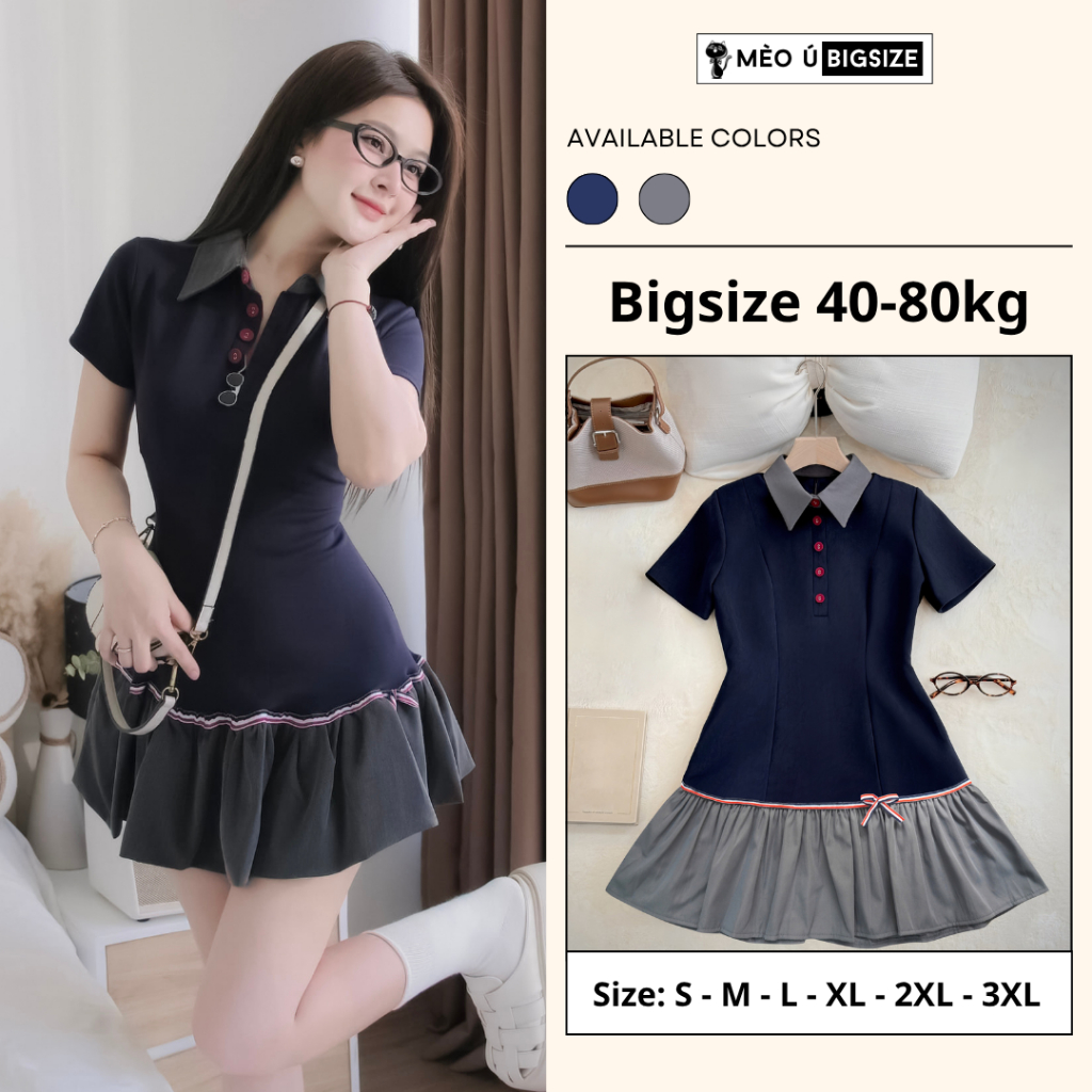 Đầm thiết kế BIGSIZE Mèo Ú váy cổ sơ mi cộc tay cúc đỏ đuôi váy xoè đính nơ tiểu thư 5340 | BigBuy360 - bigbuy360.vn