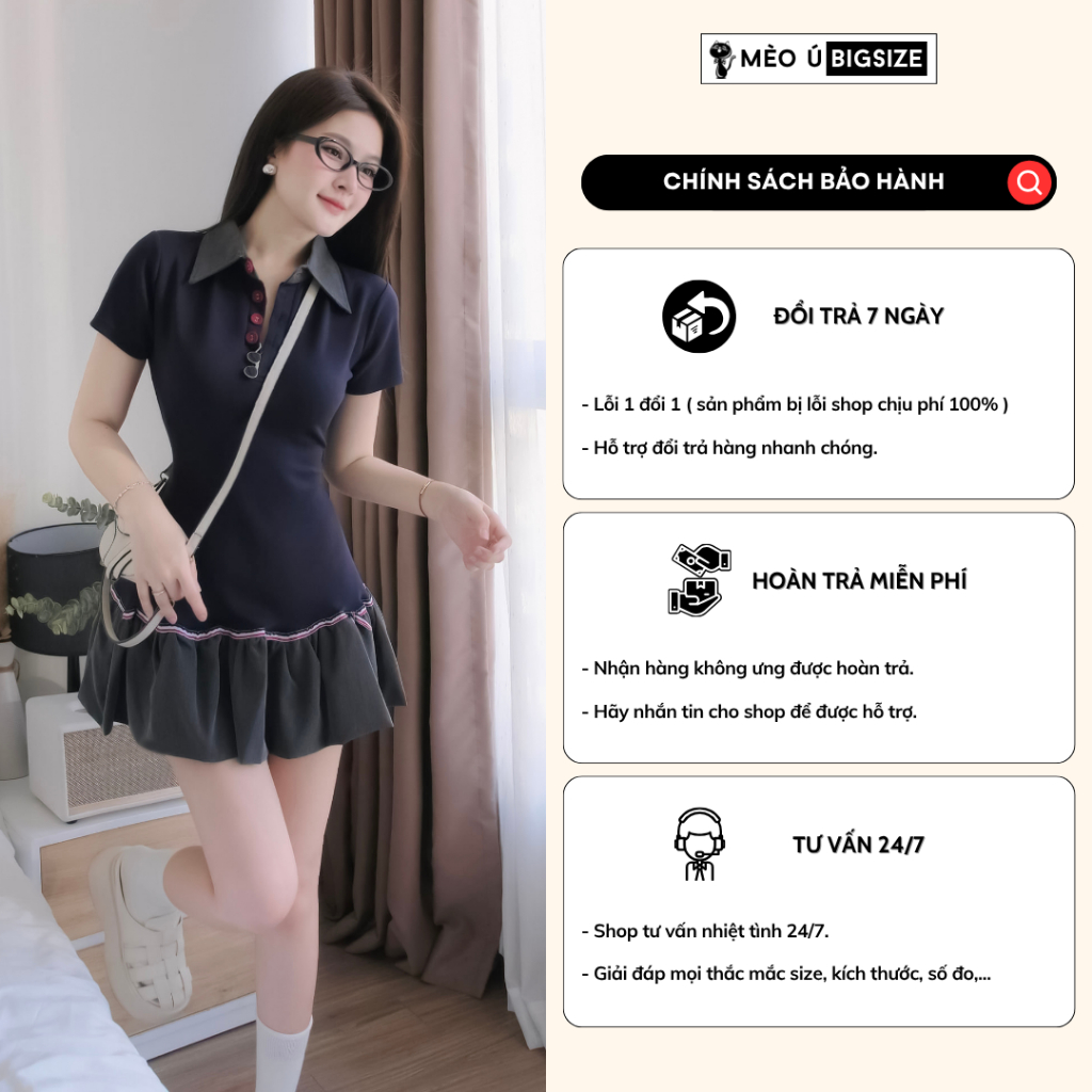 Đầm thiết kế BIGSIZE Mèo Ú váy cổ sơ mi cộc tay cúc đỏ đuôi váy xoè đính nơ tiểu thư 5340 | BigBuy360 - bigbuy360.vn