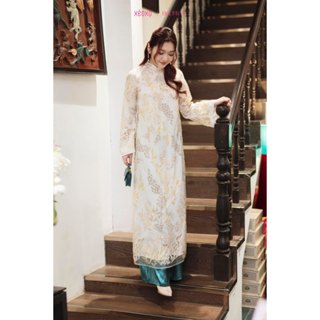   XÉO XỌ  Set áo dài Phù Dung chất liệu vải kim sa họa tiết dáng suông tay loe dài 