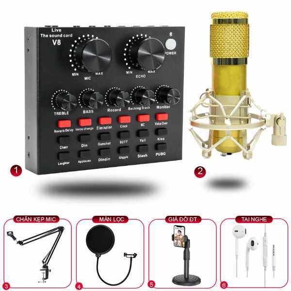 Trọn bộ Sound-card V8 + Micro BM900 chuyên livestream, thu âm