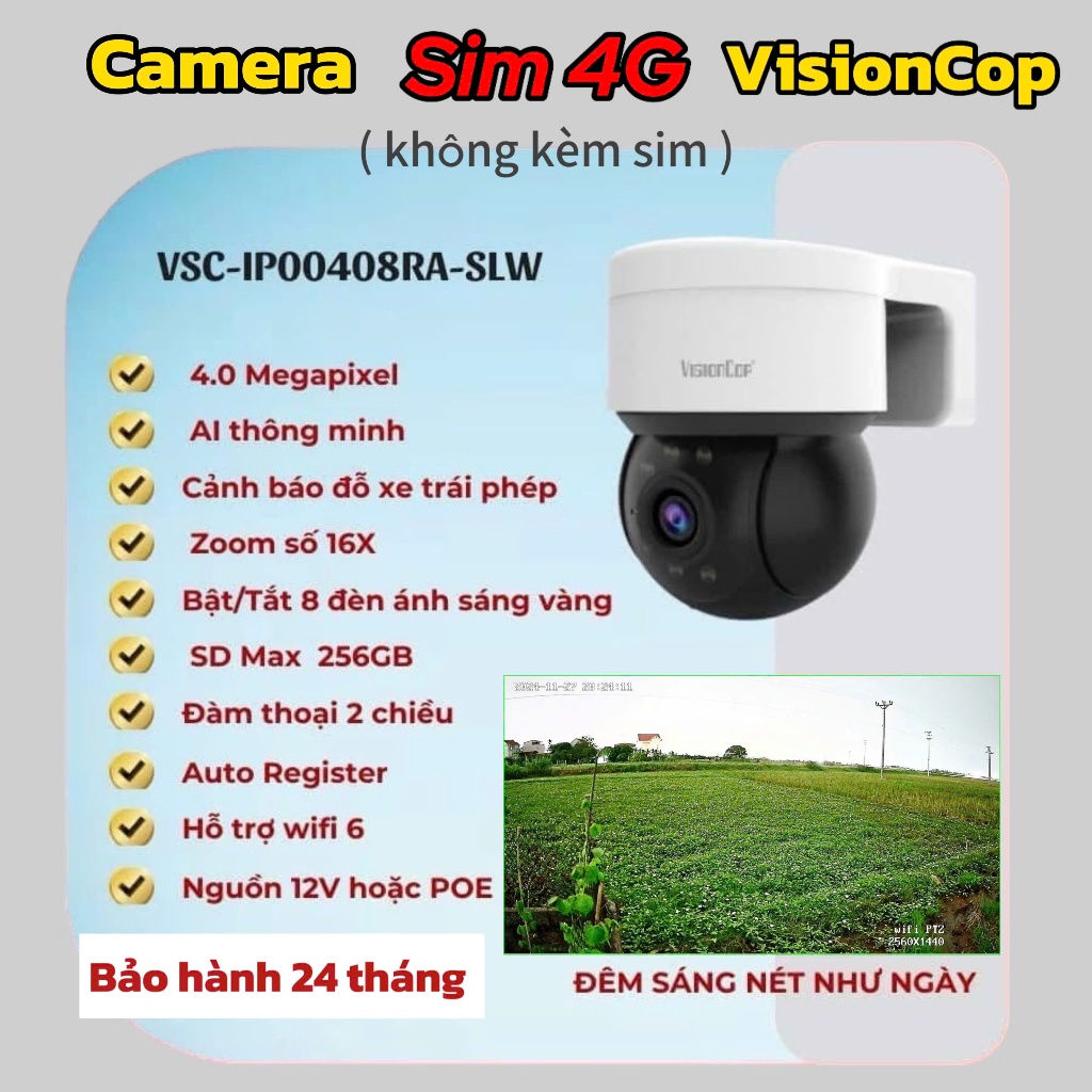 (QUÀ TẶNG đơn cam+thẻ)Camera Visioncop Ngoài Trời  wifi/4G 4MP Ảnh Nét NHÌN ĐỀM CÓ MÀU KHÔNG CẦN ĐÈN
