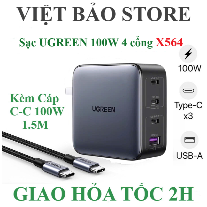 Sạc GaN UGREEN 100W 4 cổng 3C1A X564 hỗ trợ PD/PPS/QC kèm cáp C to C dài 1.5M 100W
