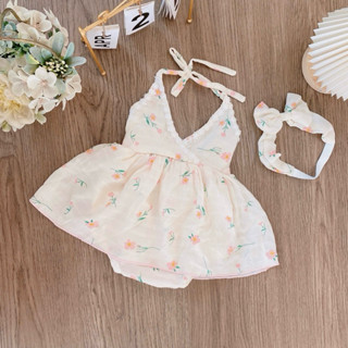   SALE  Bodysuit Cho Bé Chất Tơ Kem Hoa Nhí Cam 2 Dây Kèm Turban Nơ Xinh Xắn 