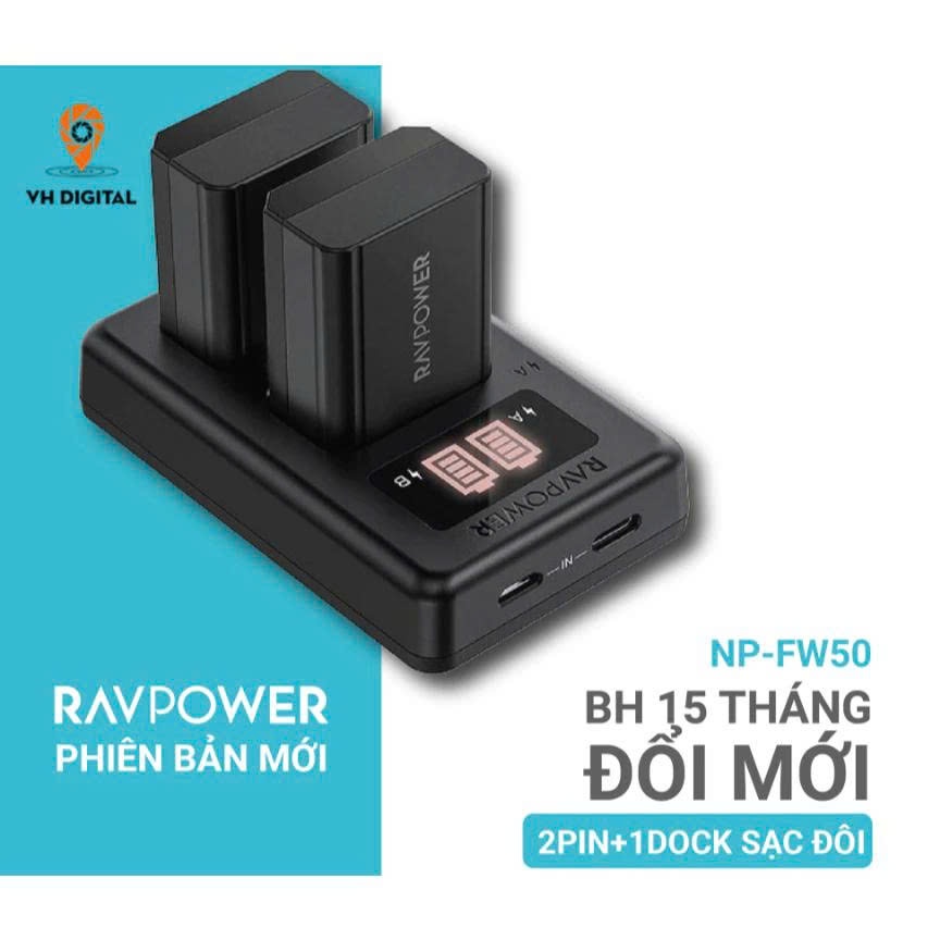 Bộ Pin sạc Sony NP-FW50 - Ravpower cho máy ảnh Sony NEX 3/5/, Alpha A6000, A6300, A6400, A6500, A7..