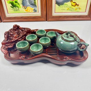 Bộ ấm trà men hỏa biến Bát Tràng xanh ngọc kèm khay Thần Tài 2 tầng