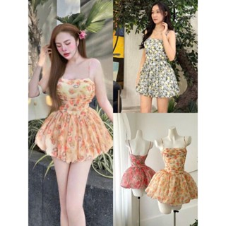 Đầm bánh bèo vải voan mịn mát in hoa xinh xắn 2 dây cúp ngực có mút (kèm lót) váy bí phồng bồng bềnh siêu cưng