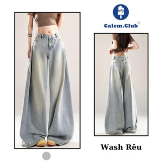 Quần Jean Nữ ống rộng cạp cao Màu Xanh  Wash Trắng Calem - Phong Cách Hàn Quốc dáng dài chất bò RIN mềm denim BIGSIZE
