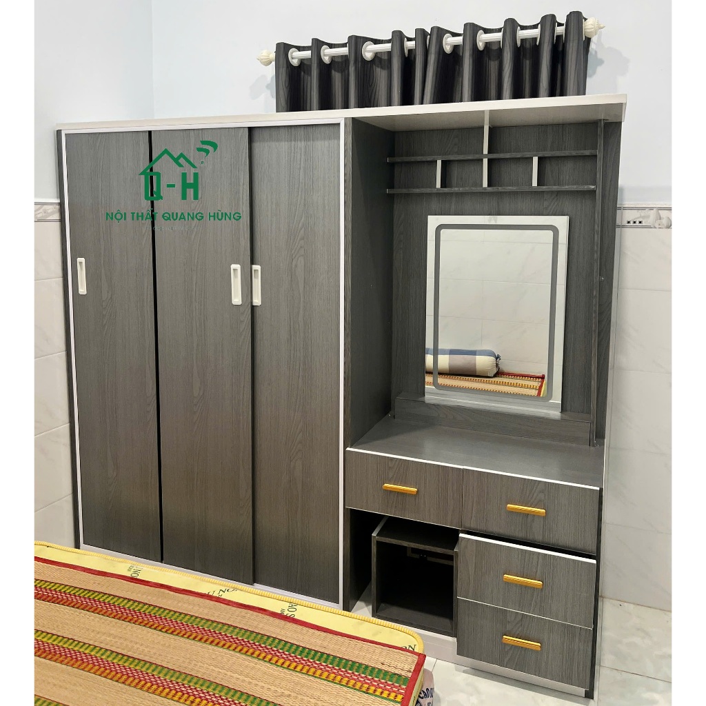 TỦ NHỰA ĐÀI LOAN CỬA LÙA CÓ CẢ BÀN TRANG ĐIỂM GƯƠNG LED MÀU XÁM