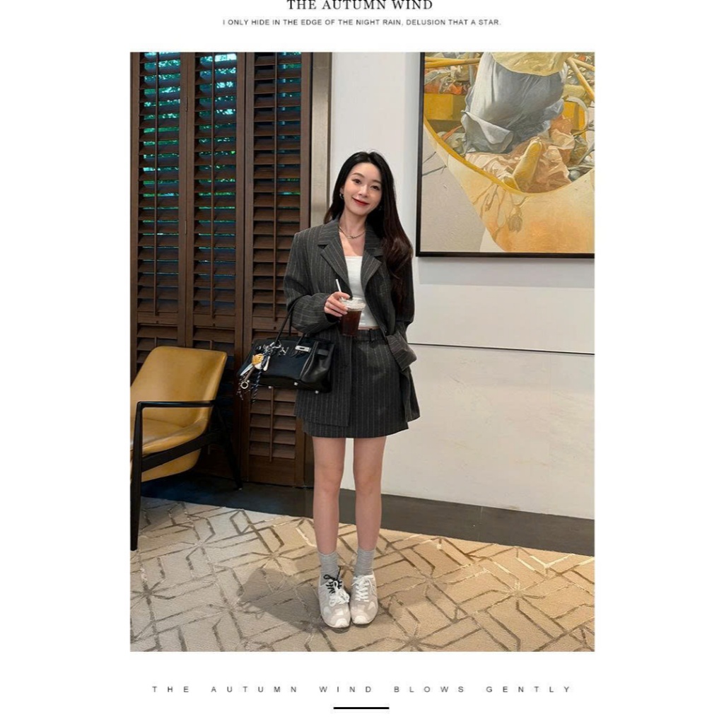 Set Đồ Nữ Áo Khoác Cổ Vest Cùng Chân Váy Ngắn Vải Kẻ Cao Cấp Hàn Quốc Đơn Giản Trẻ Trung Phong Cách