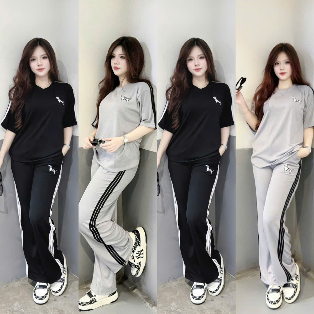 SET BỘ THỂ THAO NỮ QUẦN SUÔNG ÁO FORM RỘNG THÊU HÌNH CÚN NHỎ CỰC XINH BIGSIZE 2 MÀU CHẤT THUN GÂN TĂM TRƠN Women Top | BigBuy360 - bigbuy360.vn